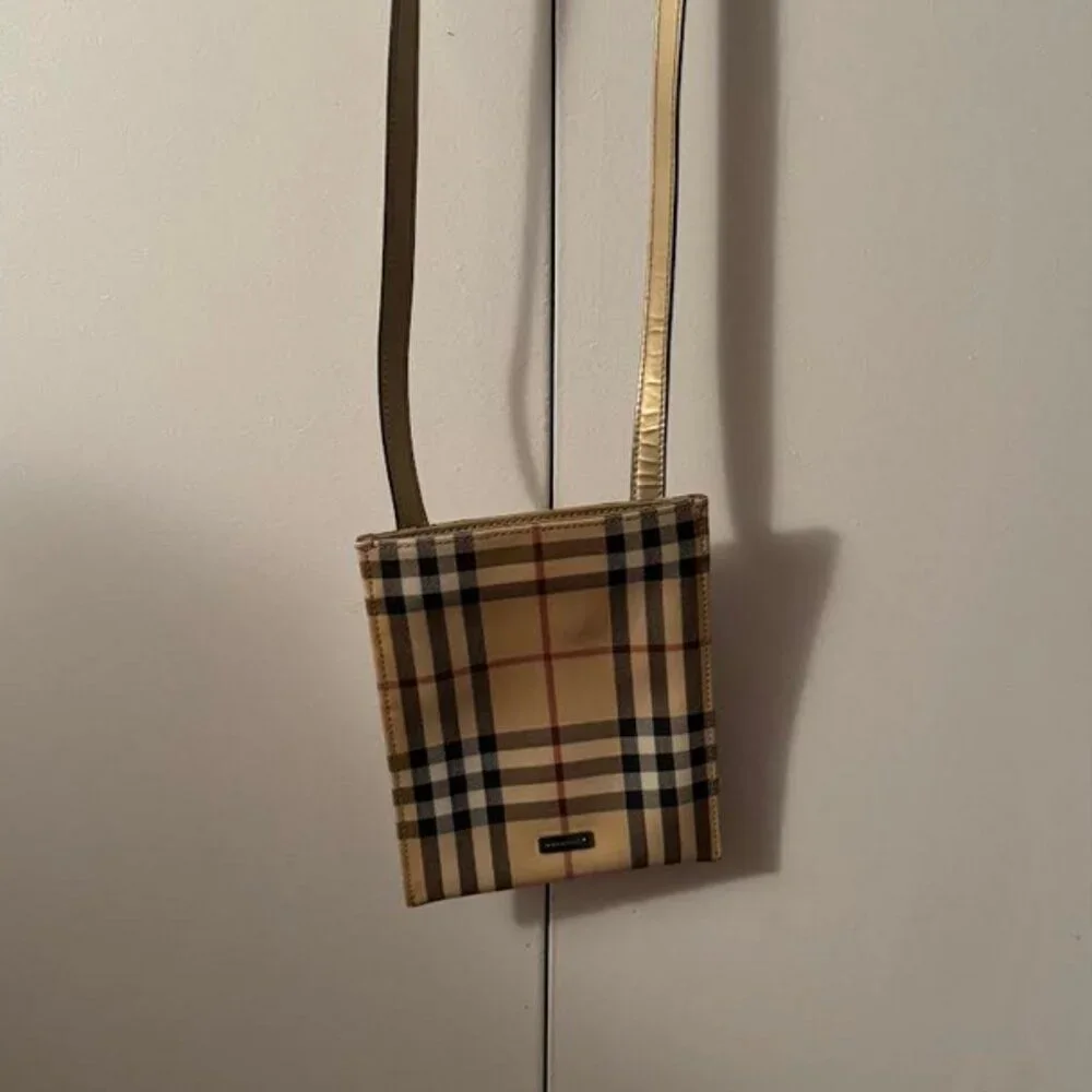 Burberry Nova Check Coated Canvas Crossbody Bag with metallic strap